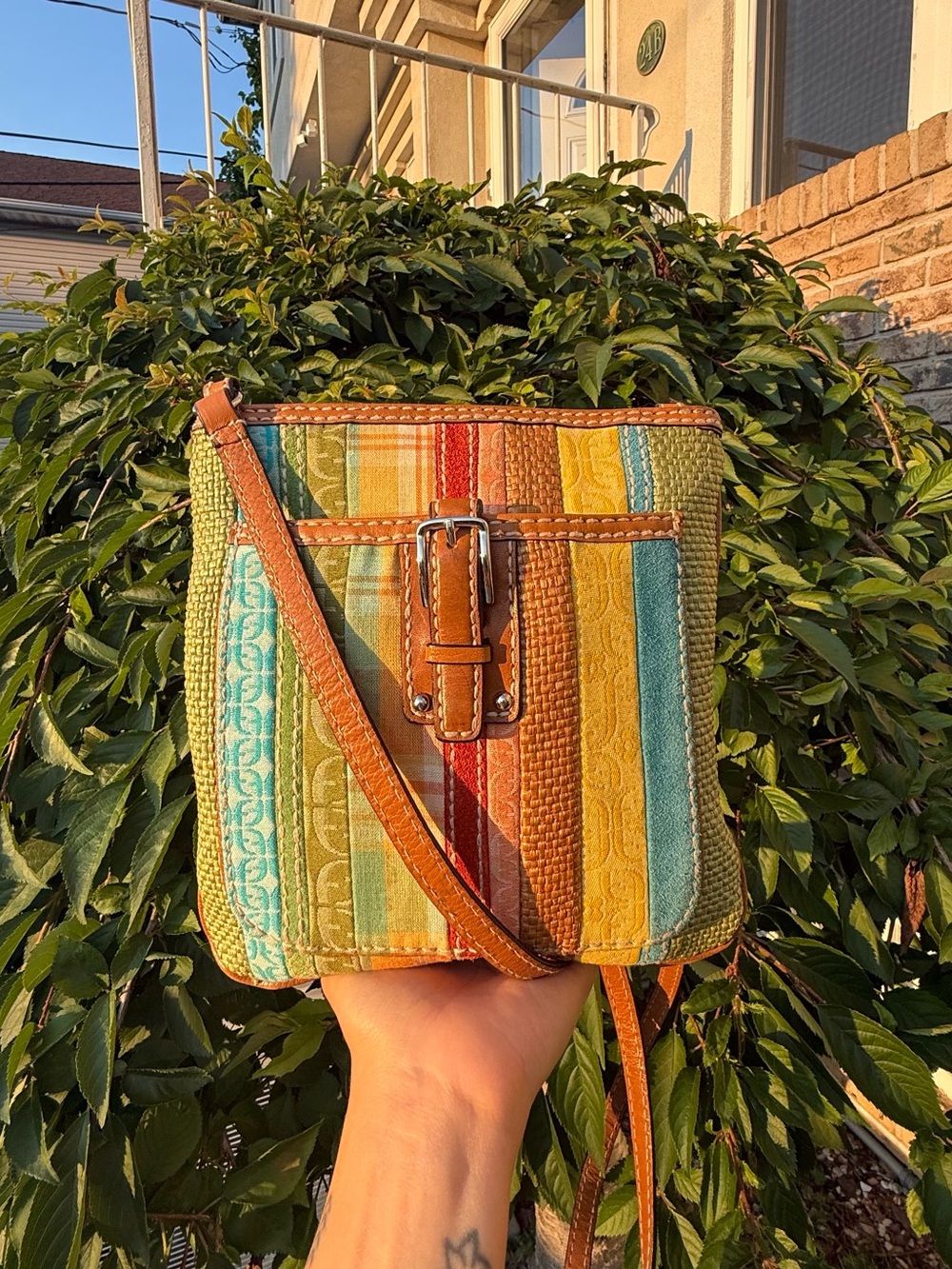 Fossil Vintage Y2K Multicolor Patchwork Suede Signature Pattern Crossbody Bag